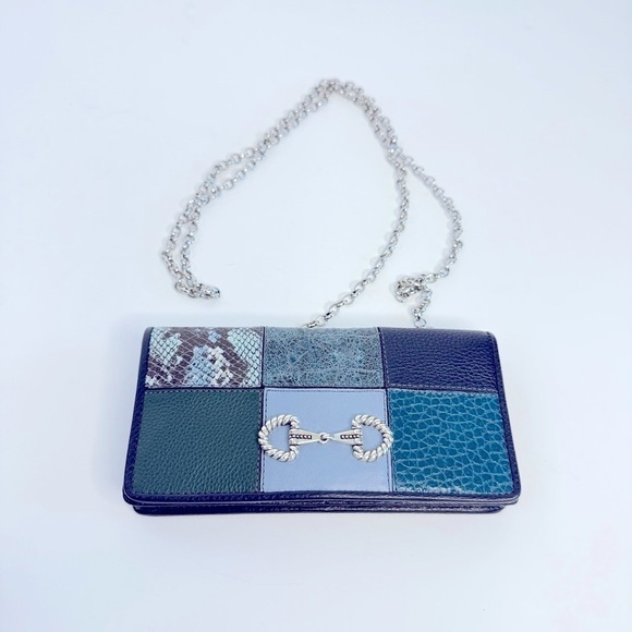 Brighton The Grid Rockmore Horse Bit Crossbody Bag Leather Patchwork Navy Blue
